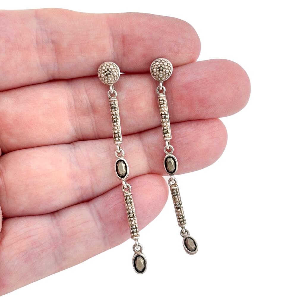 Vintage Sterling Silver 925 Marcasite Long Drop Earrings